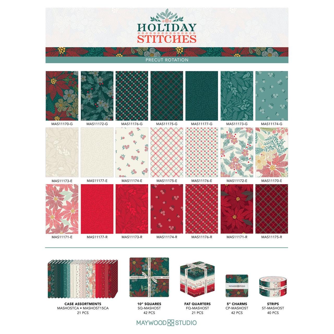 Holiday Stitches 5" Charm Pack, Maywood Studio CP-MASHOST, 5" Precut Teal Green Red Christmas Xmas Charm Pack Fabric Squares