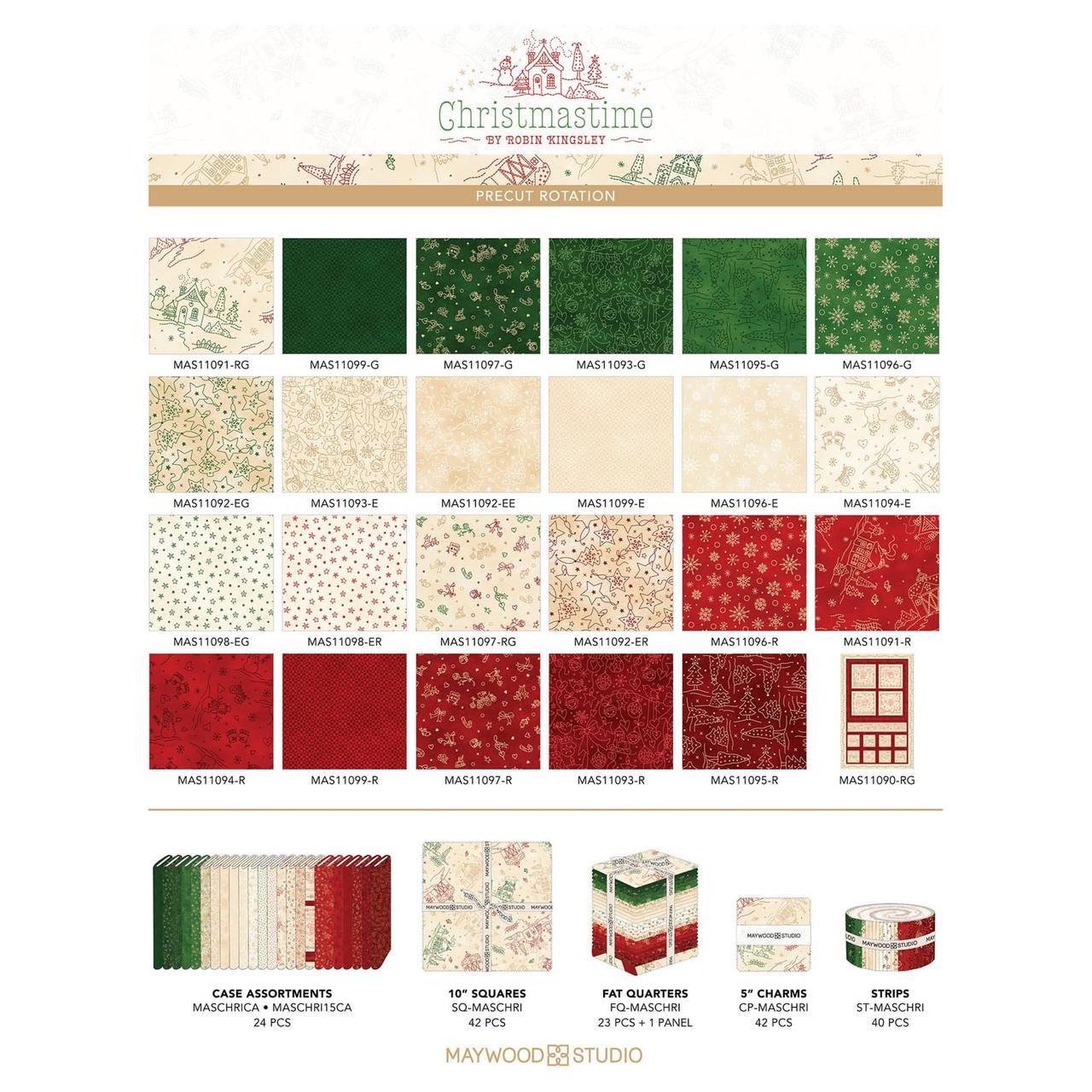 Christmastime 5" Charm Pack, Maywood Studio CP-MASCHRI, 5" Precut Green Red Beige Christmas Xmas Charm Pack Fabric Squares, Robin Kingsley