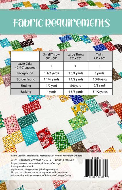 Layer Cake Lattice Quilt Pattern, Primrose Cottage Quilts PCQ001, Layer Cake 10" Square Friendly Beginner Throw Quilt Pattern