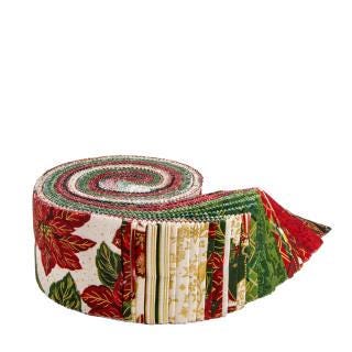 Poinsettias at Christmas 2.5" Rolie Polie, Riley Blake 5-17630-40, 2.5" Precut Red Green Christmas Floral Fabric Strips, Jennifer Bosworth