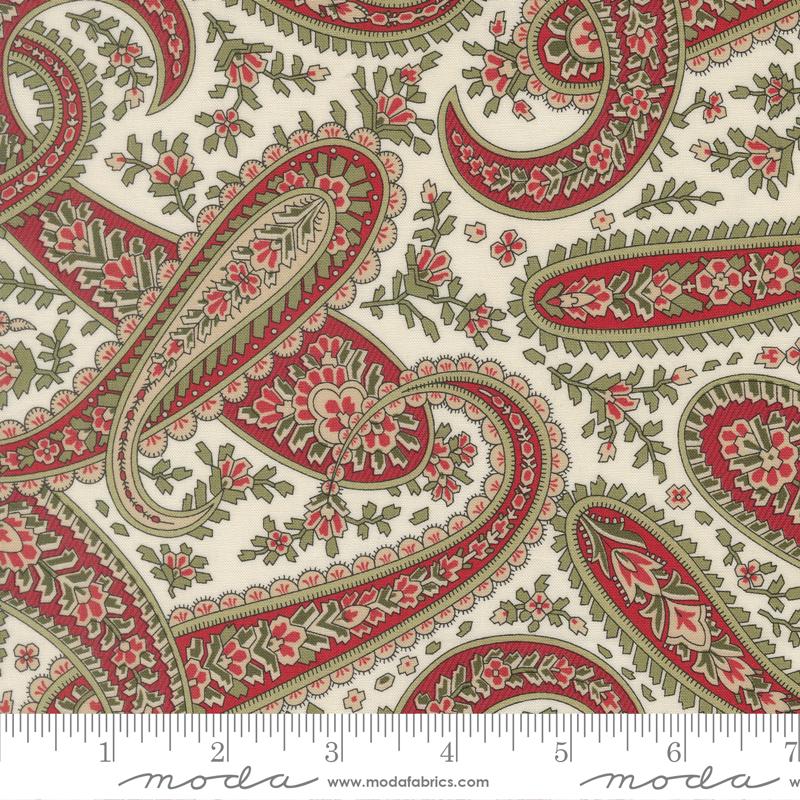 Candlelight Christmas - Red Green Paisley on Cream Fabric, Moda 44422 11 Cream, Christmas Xmas Cotton Quilt Fabric, 3 Sisters, By the Yard