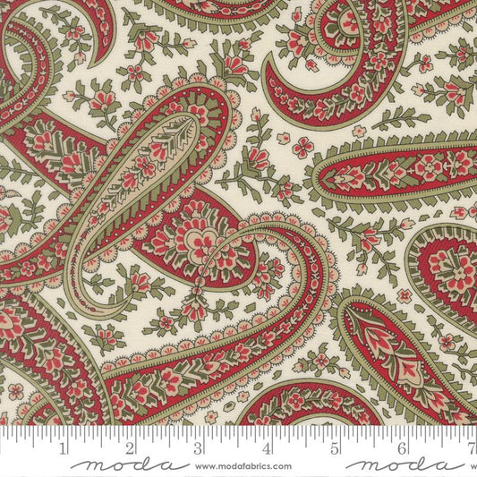 Candlelight Christmas - Red Green Paisley on Cream Fabric, Moda 44422 11 Cream, Christmas Xmas Cotton Quilt Fabric, 3 Sisters, By the Yard