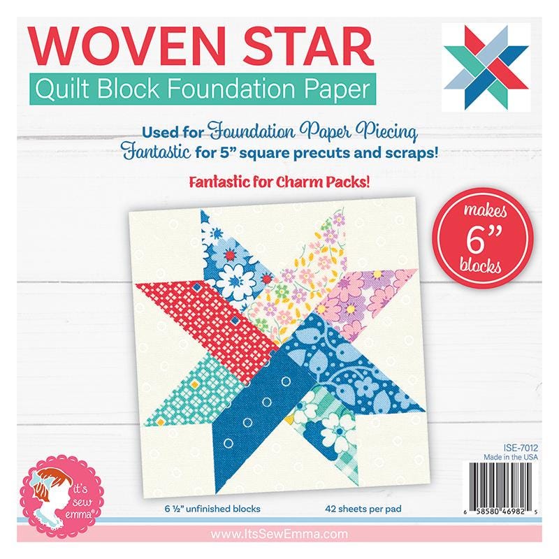 Woven Star 6" Foundation Papers, It's Sew Emma ISE7012, Charm Scrap Friendly Easy Foundation Piecing Papers for Star Quilt Block, Jolly