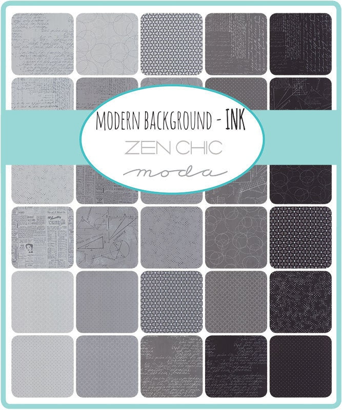 RARE Modern Background Ink Charm Pack OOP, Moda 1581PP, 5" Precut Gray Black Neutral Quilt Background Text Fabric Squares, Zen Chic
