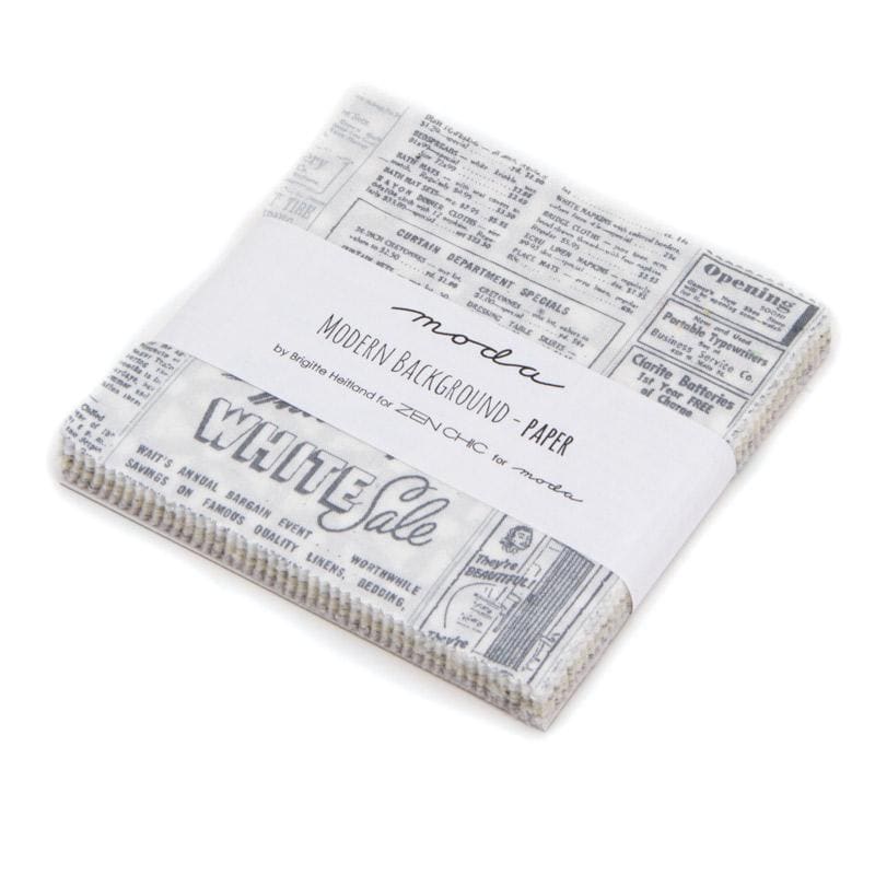 RARE Modern Background Paper Charm Pack OOP, Moda 1580PP, 5" Precut White Yellow Gray Neutral Background Text Fabric Squares, Zen Chic