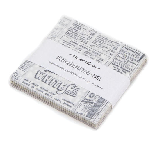 RARE Modern Background Paper Charm Pack OOP, Moda 1580PP, 5" Precut White Yellow Gray Neutral Background Text Fabric Squares, Zen Chic