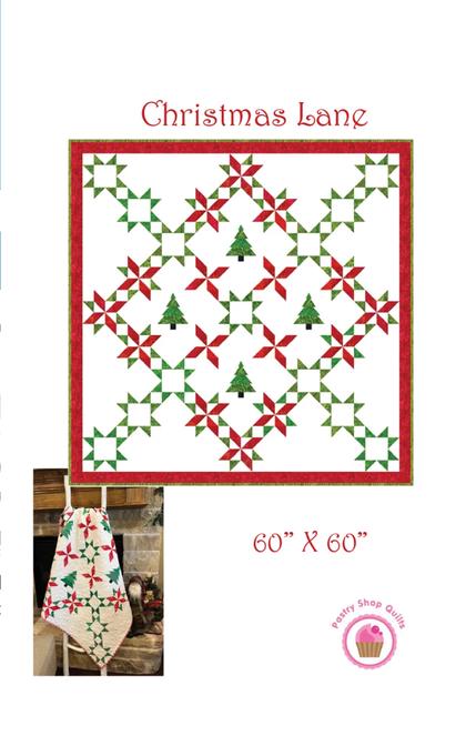 Christmas Lane Quilt Pattern, Pastry Shop Quilts P257-CHRISTMASLANE, Layer Cake Friendly Christmas Trees Stars Throw Bed Quilt Pattern