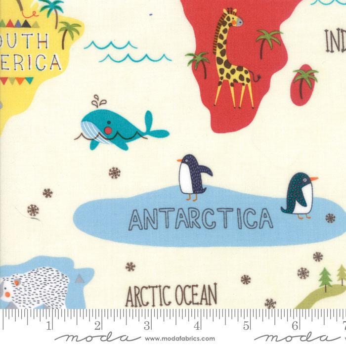 RARE Hello World - Children's World Map Animals 5" Charm Pack OOP, Moda 35300PP, 5" Precut Children's Novelty Fabric, Baby Quilt Fabric