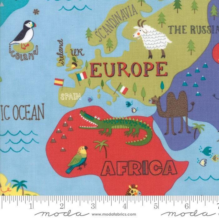 RARE Hello World - Children's World Map Animals 5" Charm Pack OOP, Moda 35300PP, 5" Precut Children's Novelty Fabric, Baby Quilt Fabric