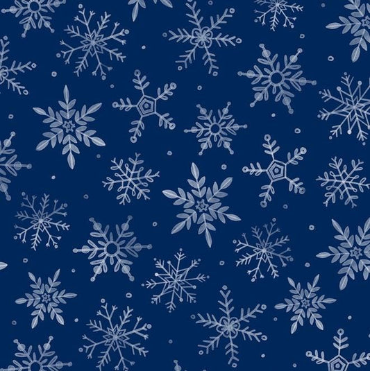108" First Frost - White Snowflakes on Dark Blue Wide Quilt Back Fabric, P&B Textiles FFRW6298-DB, Christmas Xmas 108" Fabric, By the Yard
