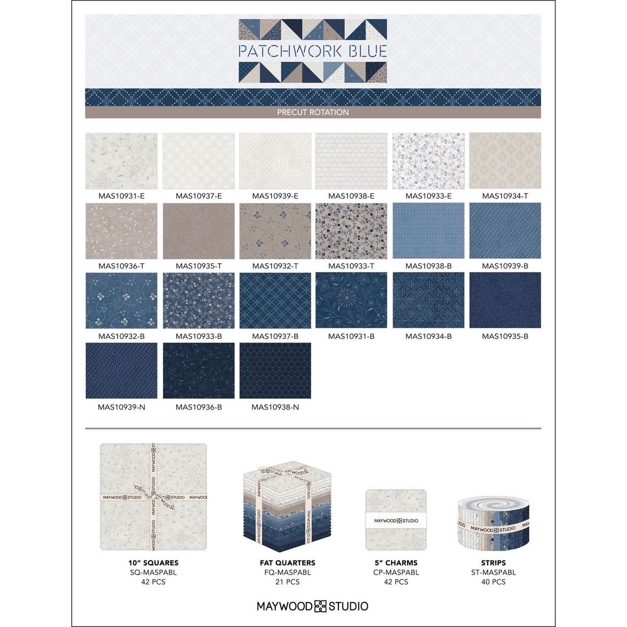 Patchwork Blue 5" Charm Pack, Maywood Studio CP-MASPABL, 5" Precut Ecru Tan Blue Floral Geometric Charm Pack Fabric Squares