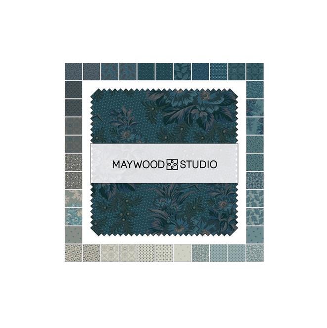 Midnight Bloom5" Charm Pack, Maywood Studio CP-MASMIDB, 5" Precut Ecru Navy Blue Teal Gray Floral Geometric Charm Pack Fabric Squares