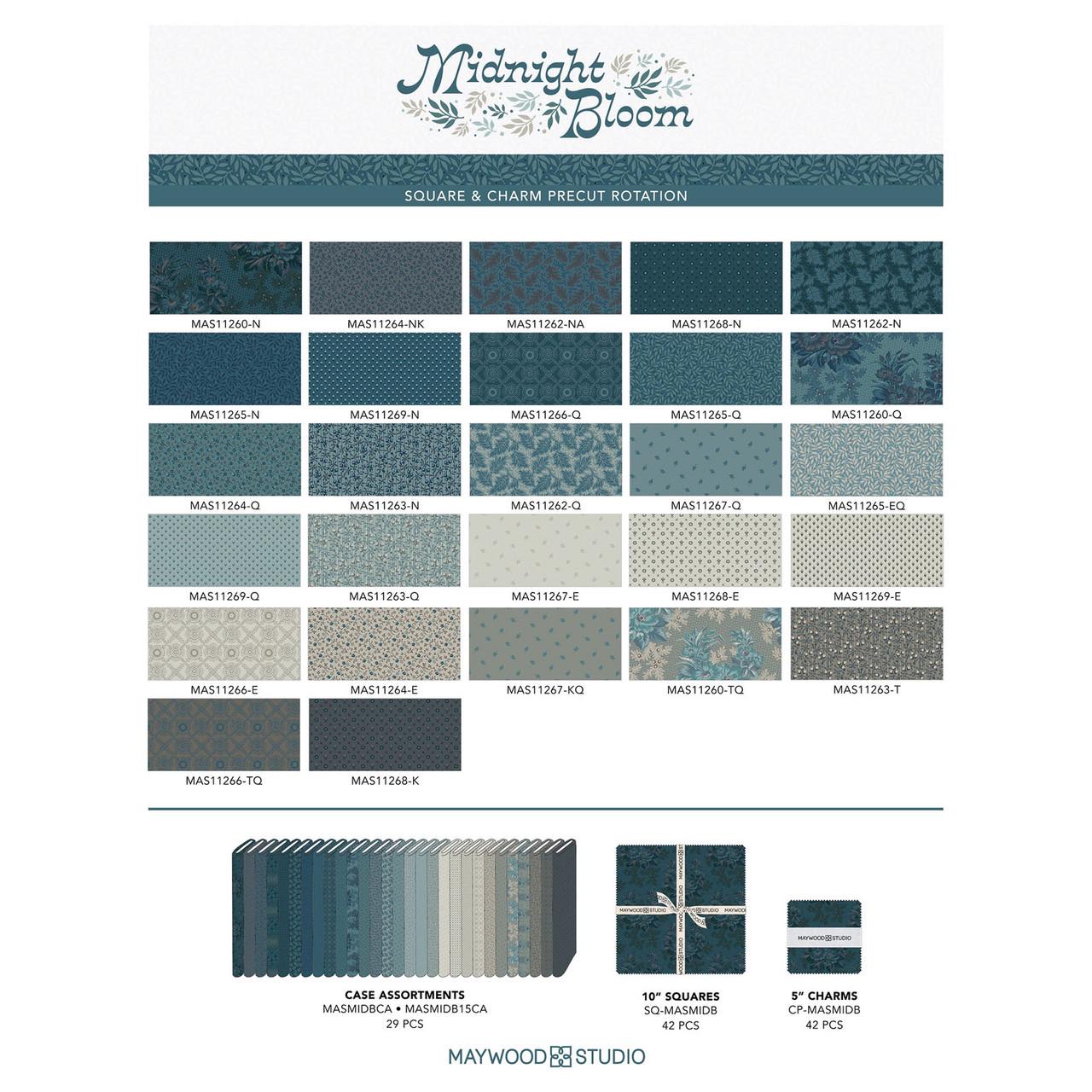 Midnight Bloom5" Charm Pack, Maywood Studio CP-MASMIDB, 5" Precut Ecru Navy Blue Teal Gray Floral Geometric Charm Pack Fabric Squares