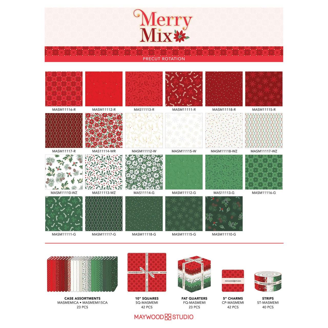 Merry Mix 5" Charm Pack, Maywood Studio CP-MASMEMI, 5" Precut Low Volume Metallic Christmas Xmas Charm Pack Fabric Squares