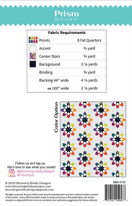 Prism Quilt Pattern, Blooming Boldly BBD0123, Fat Quarter FQ Friendly Star Quilt Pattern, Leslie Ryan