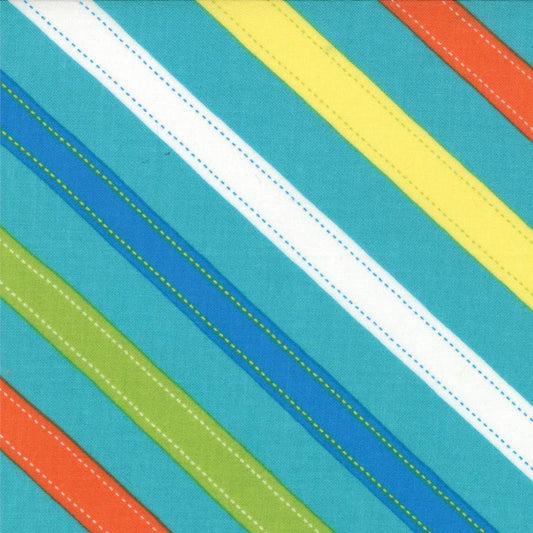 RARE 1/2-Yard Cut of ABC Menagerie - Teal Blue Orange Yellow Striped Fabric Oop, Moda 39524-18, Multicolored Stripe Fabric, Abi Hall