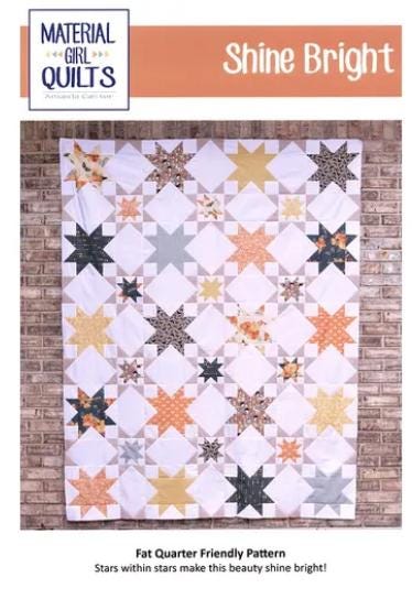 Shine Bright Quilt Pattern, Material Girl Quilts P143-SHINEBRIGHT, Fat Quarter FQ Friendly Double Sawtooth Stars Throw Quilt Pattern