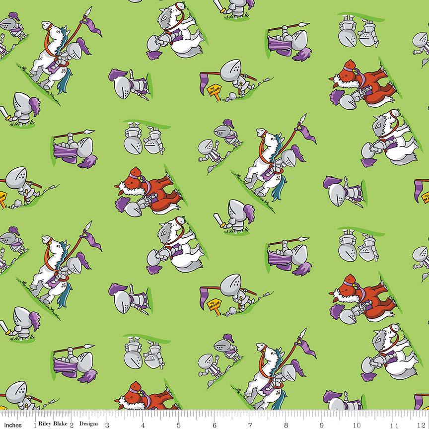 RARE Dragons - 1-Yard Cut of Knights Horses on Green Fabric OOP, Riley Blake C7663-Green, Children's Nursery Fabric, Ben Byrd, By the Yard