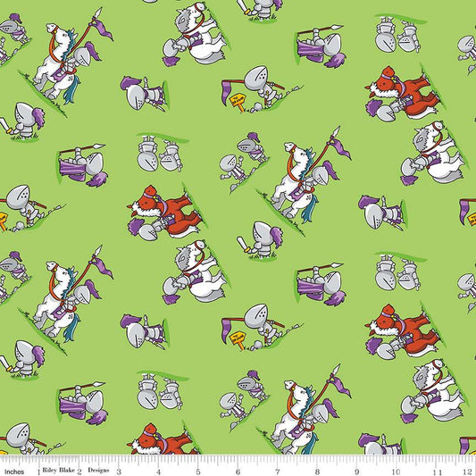 RARE Dragons - 1-Yard Cut of Knights Horses on Green Fabric OOP, Riley Blake C7663-Green, Children's Nursery Fabric, Ben Byrd, By the Yard
