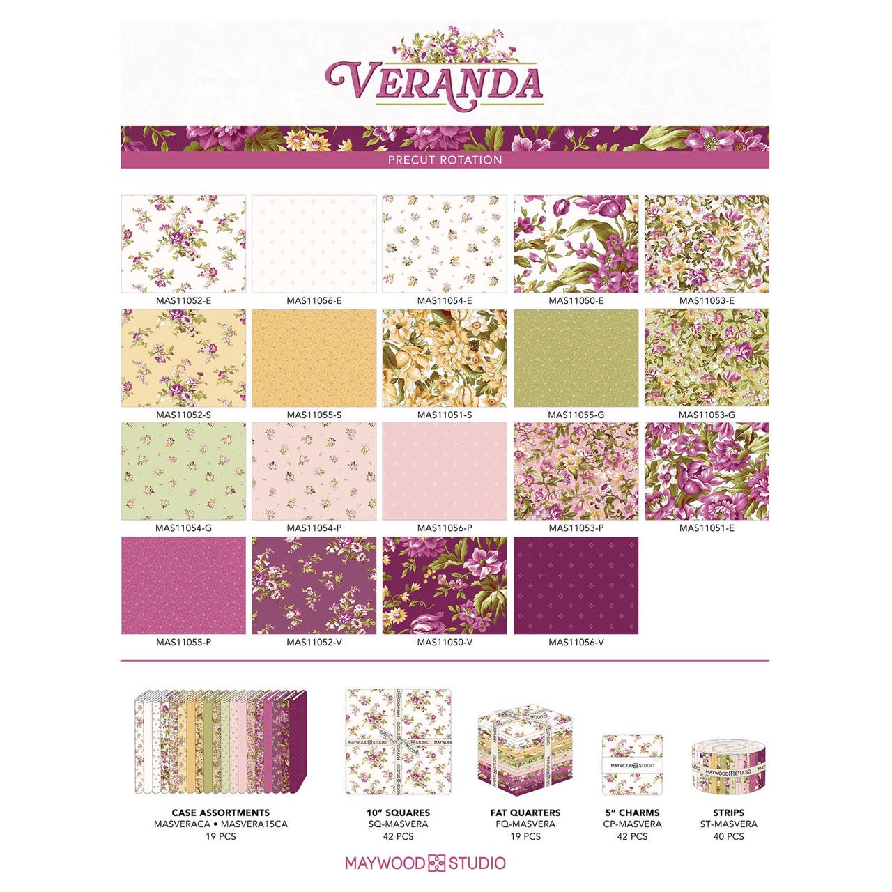 Veranda 10" Squares, Maywood Studio SQ-MASVERA, 10" Precut Purple Green Yellow Pink White Floral Charm Pack Fabric Squares