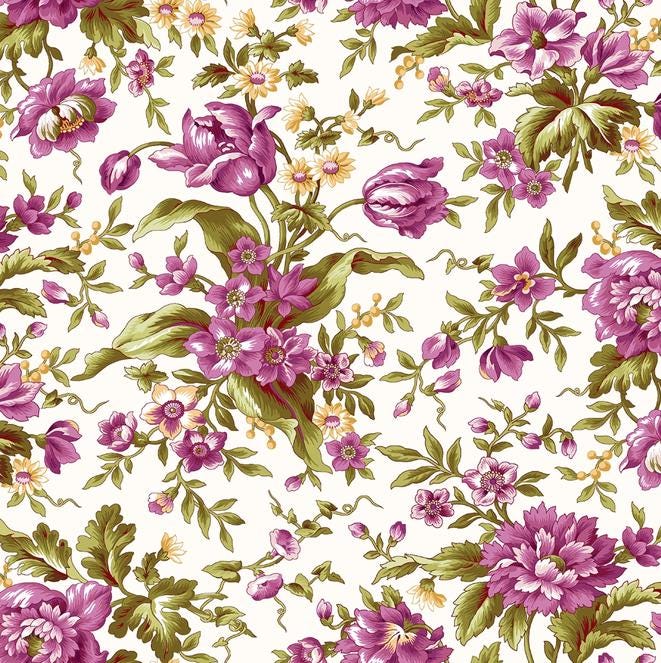 Veranda 10" Squares, Maywood Studio SQ-MASVERA, 10" Precut Purple Green Yellow Pink White Floral Charm Pack Fabric Squares