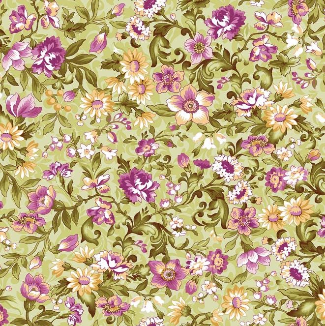 Veranda 10" Squares, Maywood Studio SQ-MASVERA, 10" Precut Purple Green Yellow Pink White Floral Charm Pack Fabric Squares