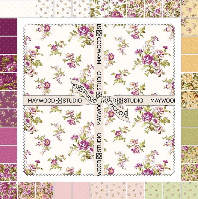 Veranda 10" Squares, Maywood Studio SQ-MASVERA, 10" Precut Purple Green Yellow Pink White Floral Charm Pack Fabric Squares