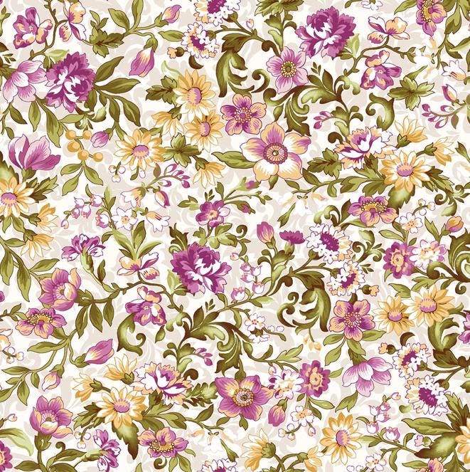 Lilac Lane 19 Piece Fat Quarter Bundle, FQ-MASVERA, 18 x 22 Fabric Cuts, Purple Green Yellow Pink Floral Fabric Bundle, Maywood Studio