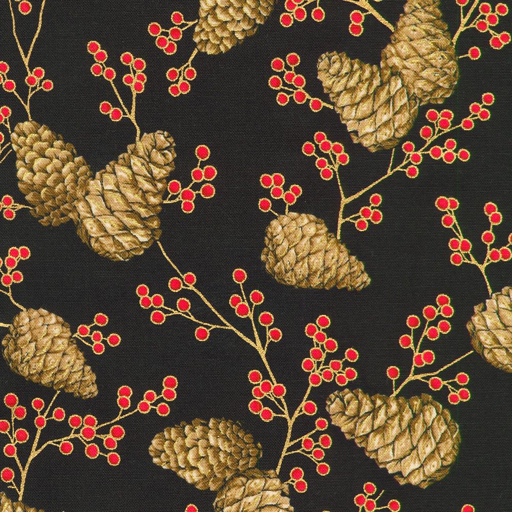 Holiday Flourish Forest Glen 2.5" Roll Up, Robert Kaufman RU-1402-40, Precut 2.5" Gold Metallic Christmas Jelly Roll Fabric Strips