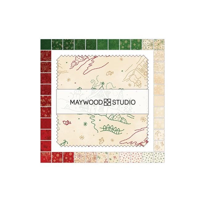 Christmastime 5" Charm Pack, Maywood Studio CP-MASCHRI, 5" Precut Green Red Beige Christmas Xmas Charm Pack Fabric Squares, Robin Kingsley