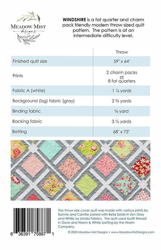 Woodshire Quilt Pattern, Meadow Mist Designs MMD1131, 5" Precut Charm Squares Fat Quarter Friendly Throw Quilt Pattern