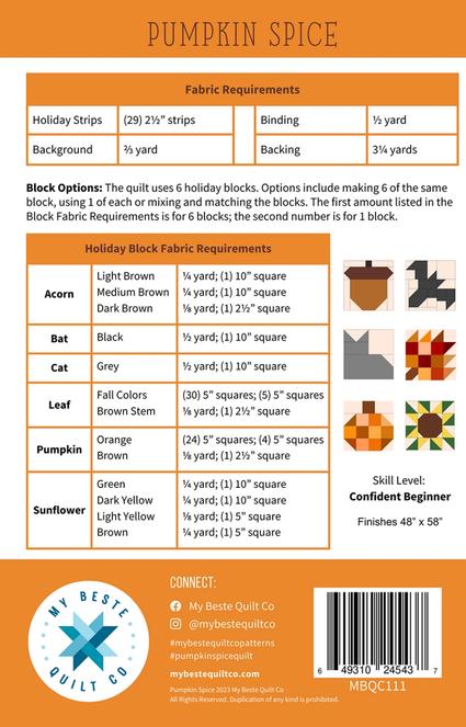 Pumpkin Spice Quilt Pattern, My Beste Quilt Co MBQC111, Precut 2.5" Jelly Roll Strip Friendly Fall Autumn Halloween Bat Leaf Quilt Pattern