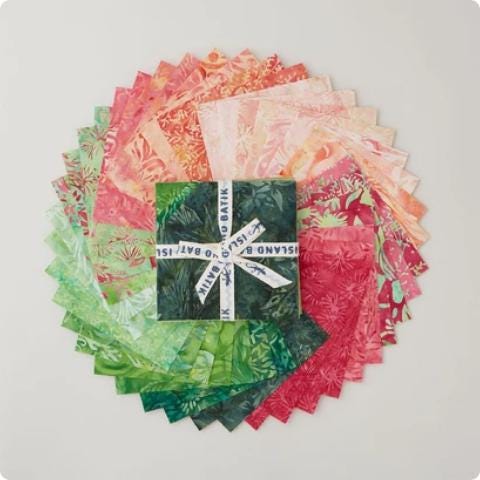 Everlasting Stamp, Island Batik, 5" Precut Pink Green Floral Batik Charm Pack Fabric Squares