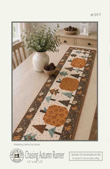 Chasing Autumn Table Runner Quilt Pattern, Suzn Quilts SUZ397, Yardage Friendly Pine Trees Pumpkins Table Quilt Pattern