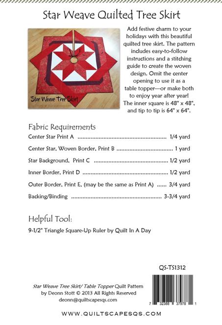 Star Weave Tree Skirt Pattern, Quiltscapes QS-TS1312, Yardage Friendly Christmas Xmas Table Topper Tree Skirt