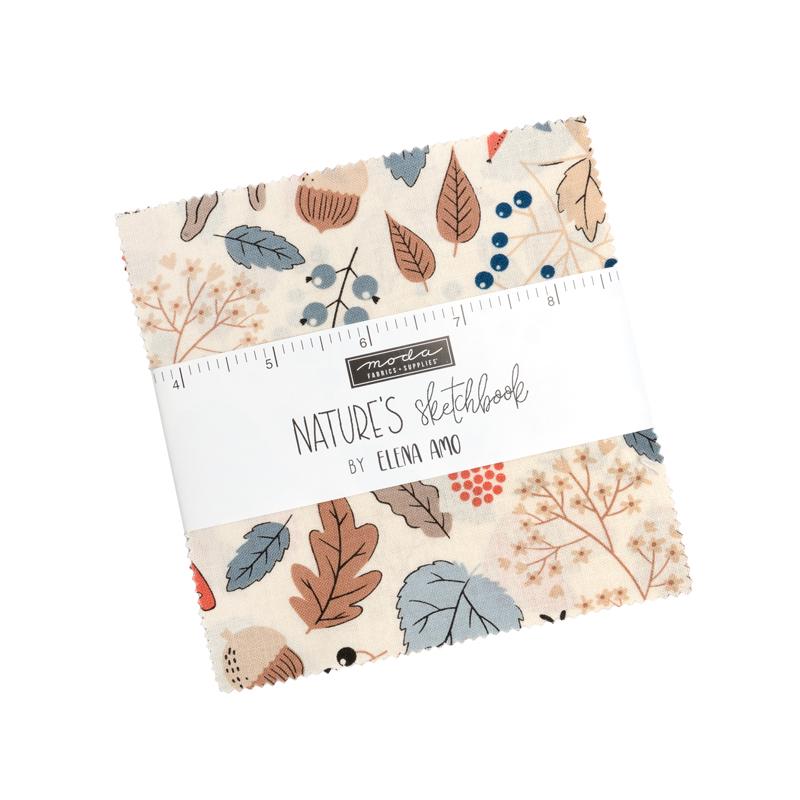 Nature's Sketchbook 5" Charm Pack, Moda 39070PP, 5" Precut Blue Brown Cream Floral Charm Pack Fabric Squares, Elena Amo