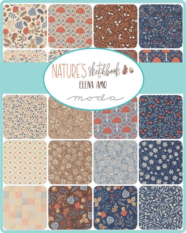 Nature's Sketchbook 5" Charm Pack, Moda 39070PP, 5" Precut Blue Brown Cream Floral Charm Pack Fabric Squares, Elena Amo