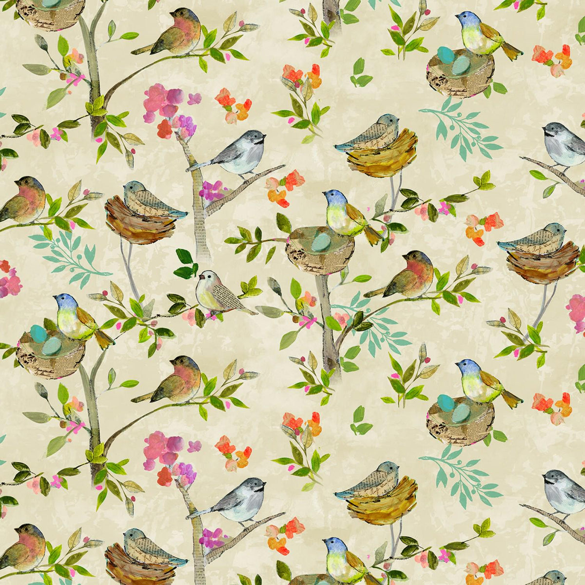 Feathered Friends Charm Pack OOP, Clothworks SQ0368, Multicolored Floral and Birds Charm Pack Fabric, 5" Precut Fabric Squares, Sue Zipkin