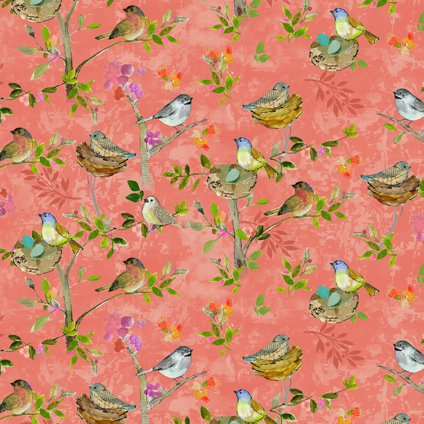 Feathered Friends Charm Pack OOP, Clothworks SQ0368, Multicolored Floral and Birds Charm Pack Fabric, 5" Precut Fabric Squares, Sue Zipkin