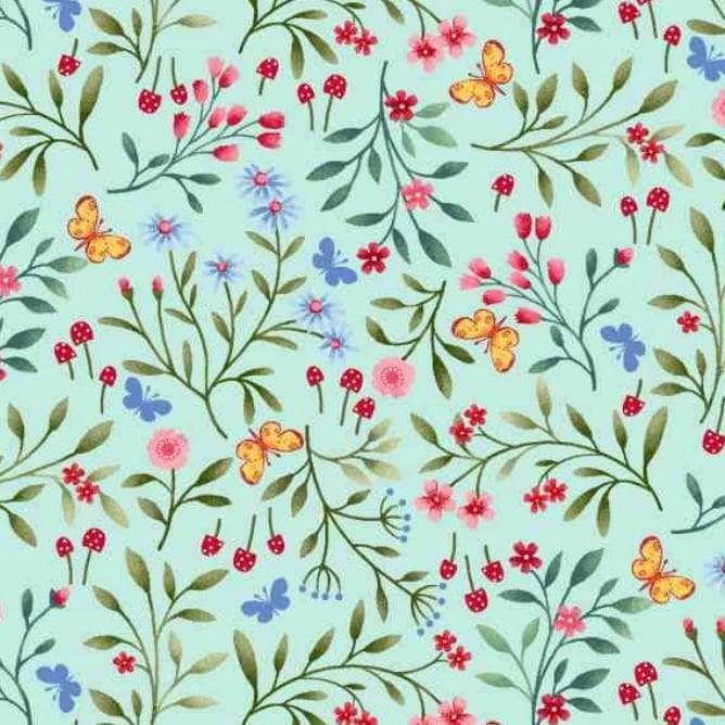 Garden Park 5" Charm Squares, Studio E FB6CPSE-GARDENPARK, 5" Precut Blue Green Floral Butterfly Charm Pack Fabric Squares, Jennifer Brinley
