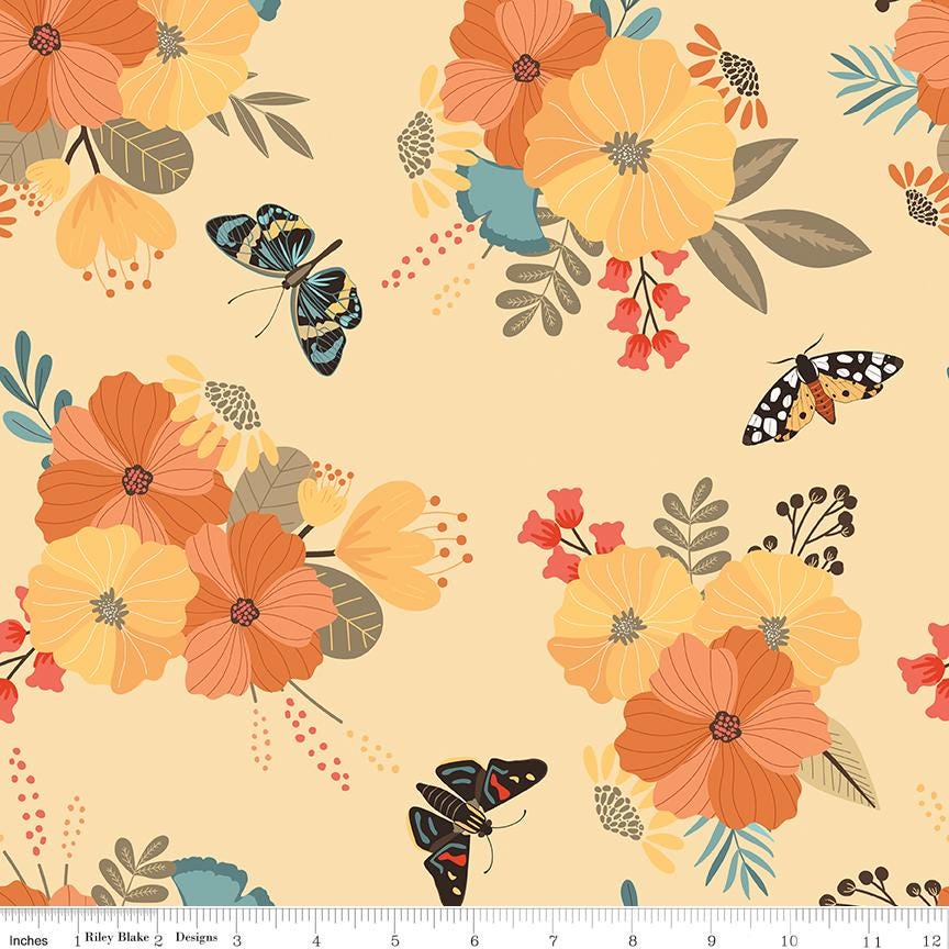 Secret Garden 5" Stacker, Riley Blake 5-18040-42, 5" Precut Teal Yellow Peach Black Floral Mushrooms Moths Fabric Squares, Amanda Castor