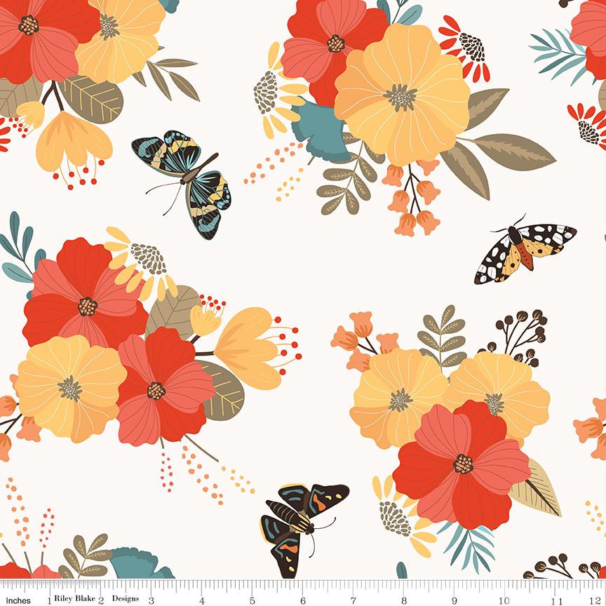 Secret Garden 5" Stacker, Riley Blake 5-18040-42, 5" Precut Teal Yellow Peach Black Floral Mushrooms Moths Fabric Squares, Amanda Castor