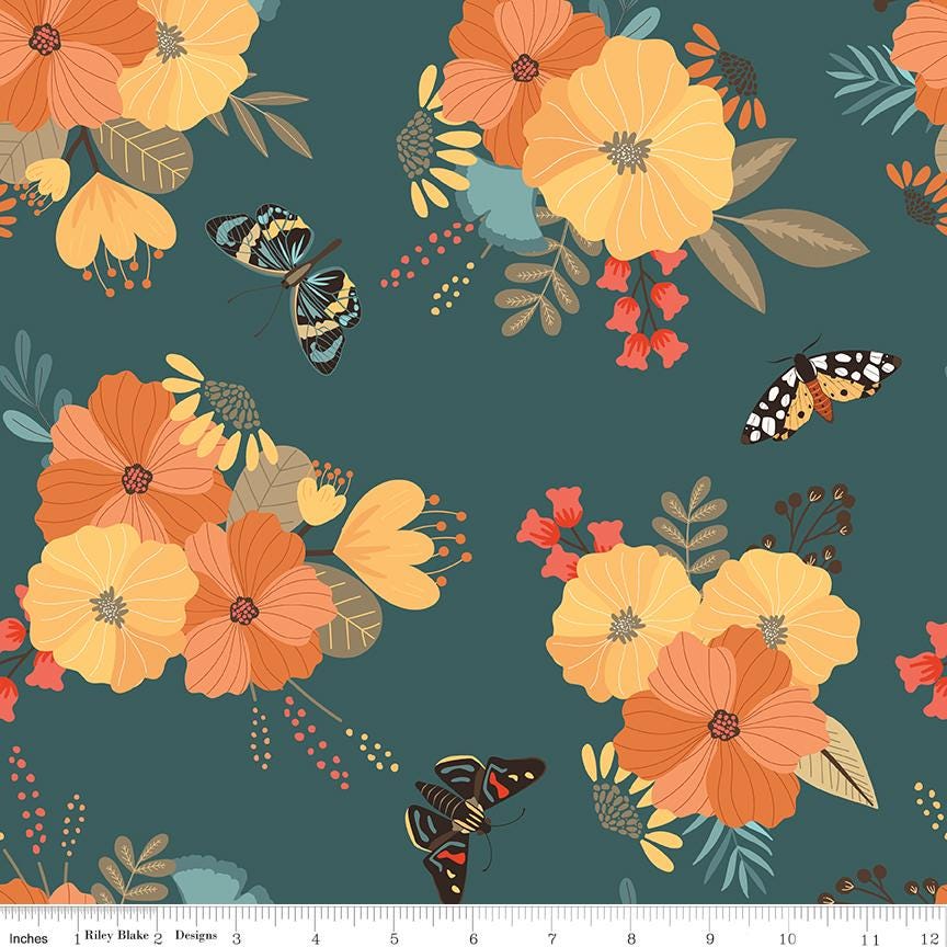 Secret Garden 5" Stacker, Riley Blake 5-18040-42, 5" Precut Teal Yellow Peach Black Floral Mushrooms Moths Fabric Squares, Amanda Castor