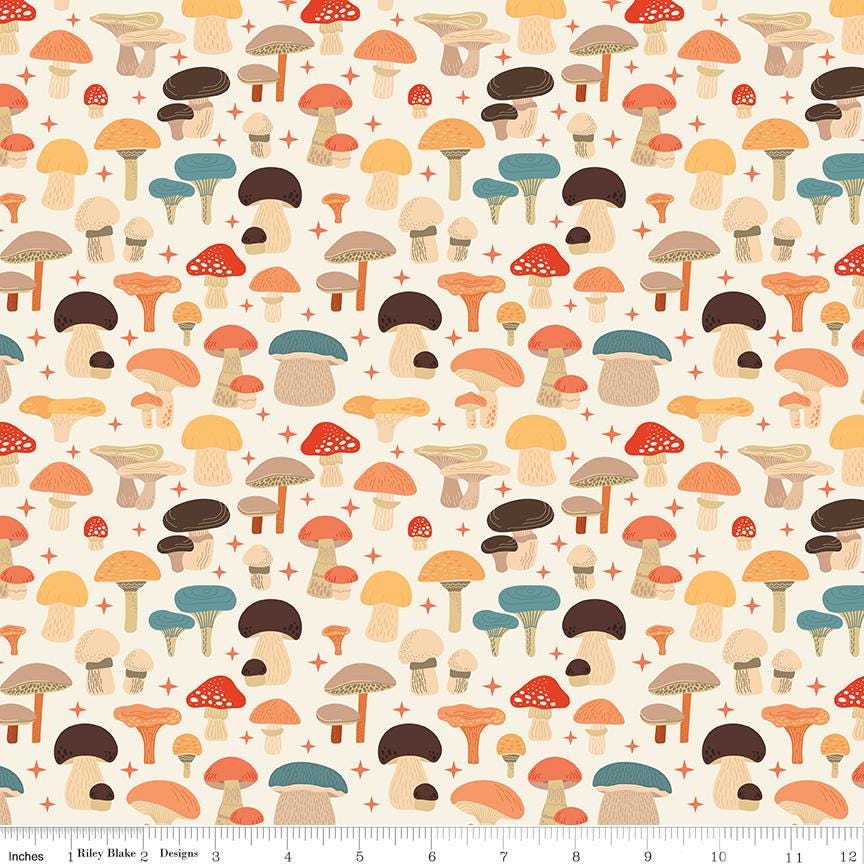 Secret Garden 5" Stacker, Riley Blake 5-18040-42, 5" Precut Teal Yellow Peach Black Floral Mushrooms Moths Fabric Squares, Amanda Castor