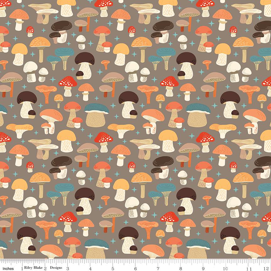 Secret Garden 5" Stacker, Riley Blake 5-18040-42, 5" Precut Teal Yellow Peach Black Floral Mushrooms Moths Fabric Squares, Amanda Castor
