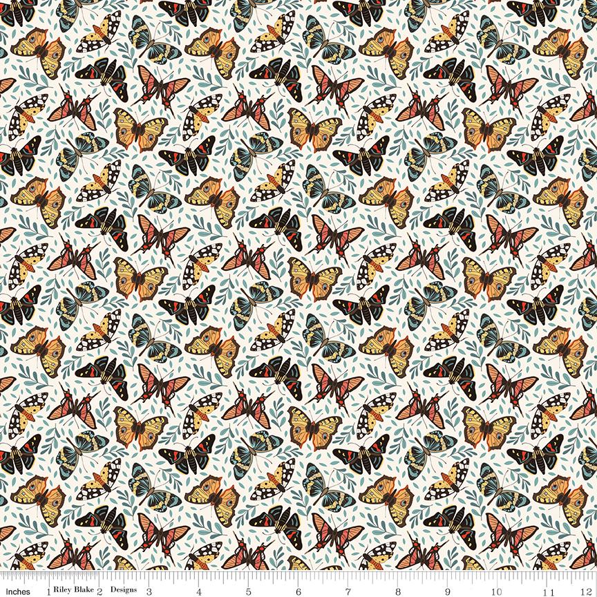 Secret Garden 5" Stacker, Riley Blake 5-18040-42, 5" Precut Teal Yellow Peach Black Floral Mushrooms Moths Fabric Squares, Amanda Castor