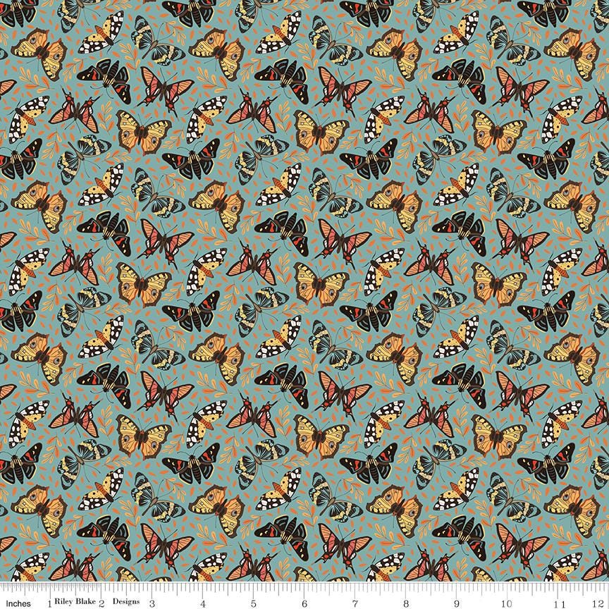 Secret Garden 5" Stacker, Riley Blake 5-18040-42, 5" Precut Teal Yellow Peach Black Floral Mushrooms Moths Fabric Squares, Amanda Castor
