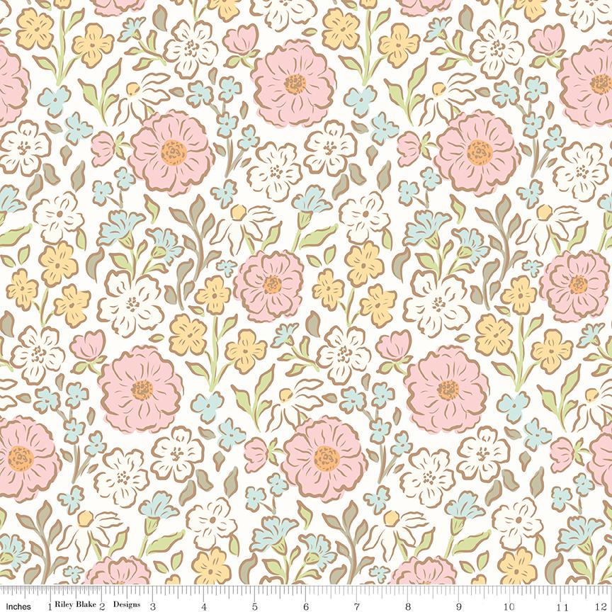 Little Posies 5" Stacker, Riley Blake 5-18320-42, 5" Precut Pastel Pink Blue Yellow Floral Quilt Fabric Squares, Cayla Naylor Design