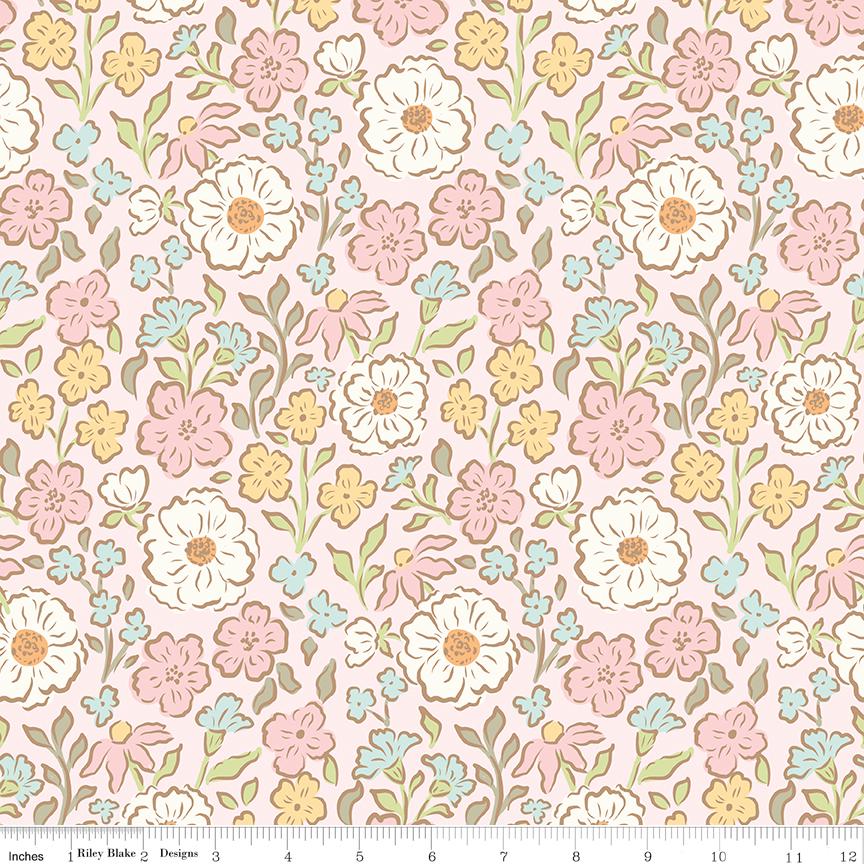 Little Posies 5" Stacker, Riley Blake 5-18320-42, 5" Precut Pastel Pink Blue Yellow Floral Quilt Fabric Squares, Cayla Naylor Design