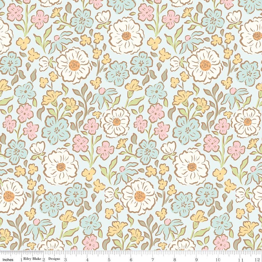 Little Posies 5" Stacker, Riley Blake 5-18320-42, 5" Precut Pastel Pink Blue Yellow Floral Quilt Fabric Squares, Cayla Naylor Design
